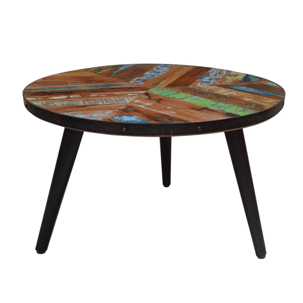 17 Inch Industrial Side Table, Reclaimed Wood, Round Multi Tone Top, Iron Trim, Brown, Black - UPT-272533
