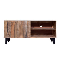 Kai 55 Inch Mango Wood TV Media Console with 2 Doors and Embossed Geometric Design, Natural Brown - UPT-272535