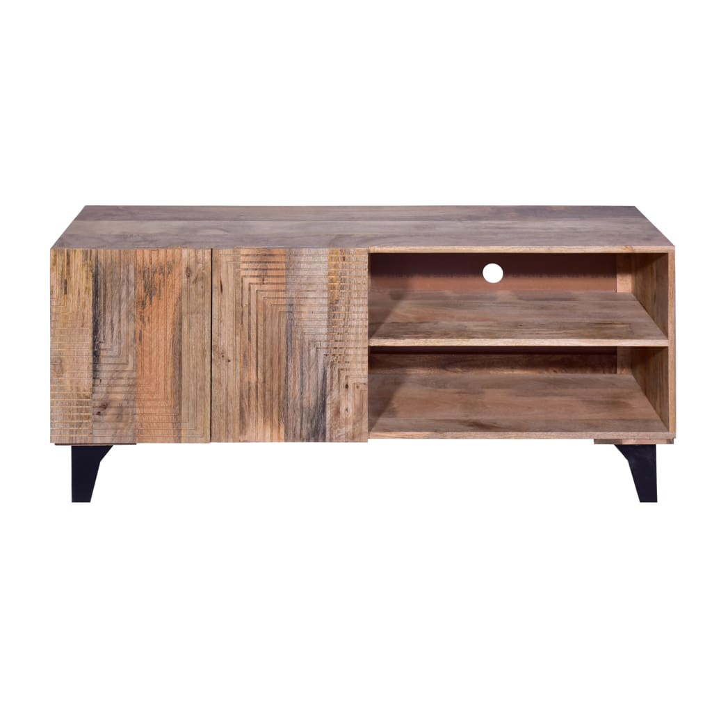 Kai 55 Inch Mango Wood TV Media Console with 2 Doors and Embossed Geometric Design, Natural Brown - UPT-272535