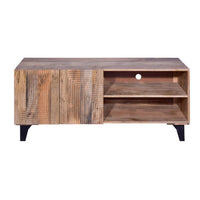 Kai 55 Inch Mango Wood TV Media Console with 2 Doors and Embossed Geometric Design, Natural Brown - UPT-272535