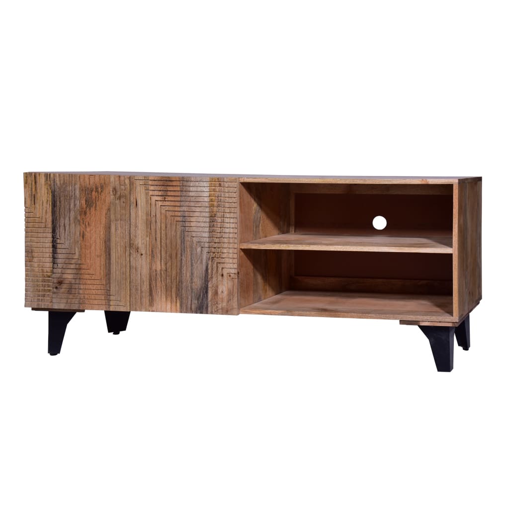 Kai 55 Inch Mango Wood TV Media Console with 2 Doors and Embossed Geometric Design, Natural Brown - UPT-272535