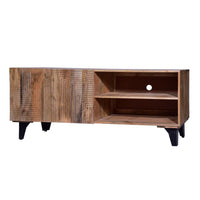 Kai 55 Inch Mango Wood TV Media Console with 2 Doors and Embossed Geometric Design, Natural Brown - UPT-272535