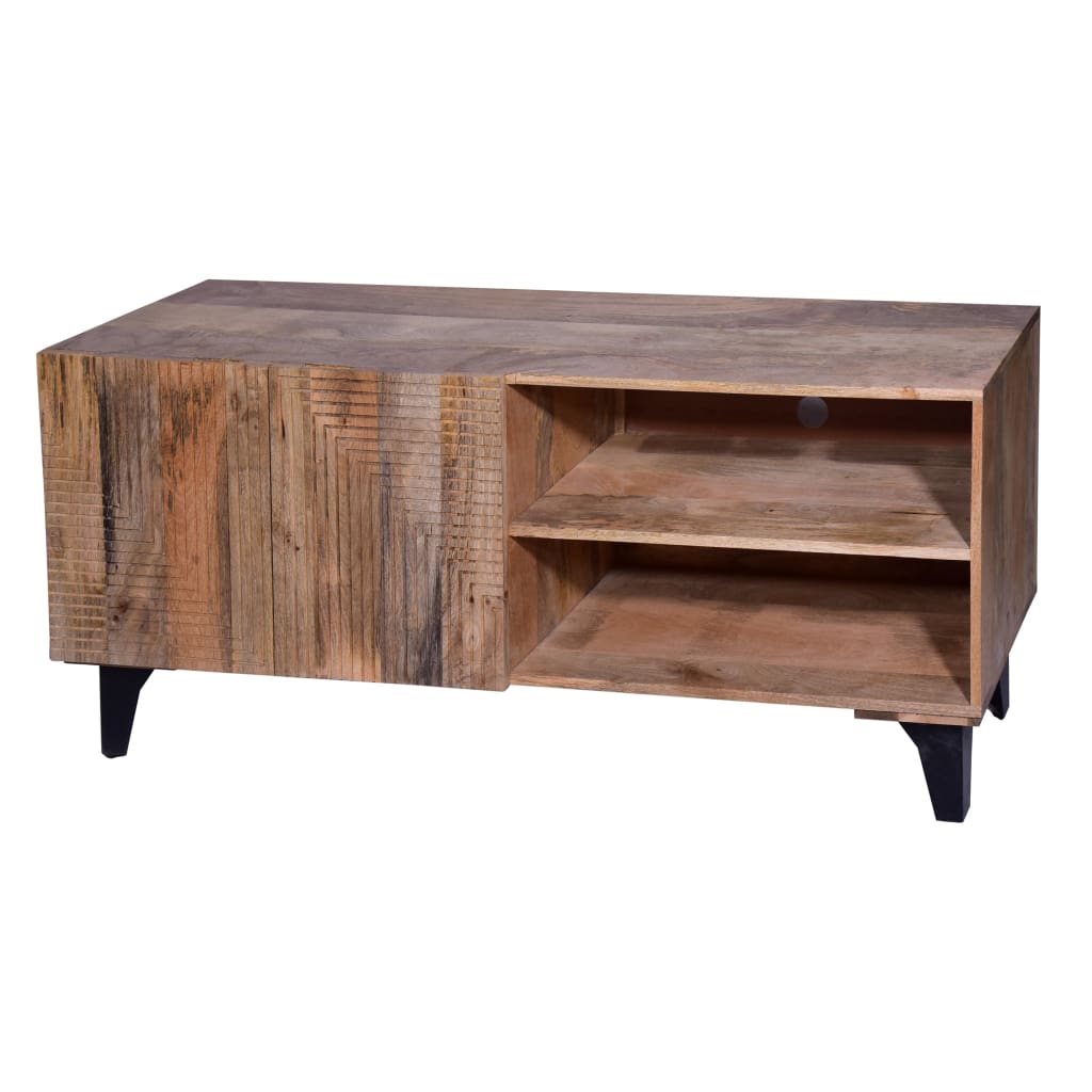 Kai 55 Inch Mango Wood TV Media Console with 2 Doors and Embossed Geometric Design, Natural Brown - UPT-272535