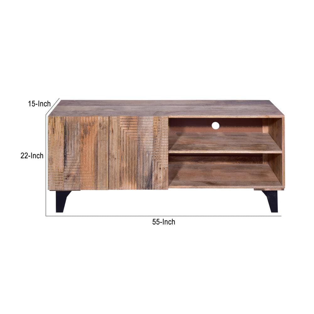 Kai 55 Inch Mango Wood TV Media Console with 2 Doors and Embossed Geometric Design, Natural Brown - UPT-272535