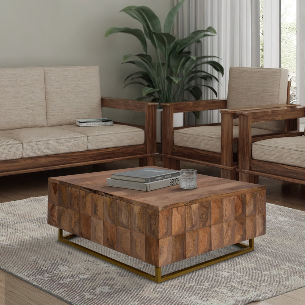 33 Inch Lift Top Storage Trunk Coffee Table, Square, Mango Wood, Natural Brown - UPT-272536