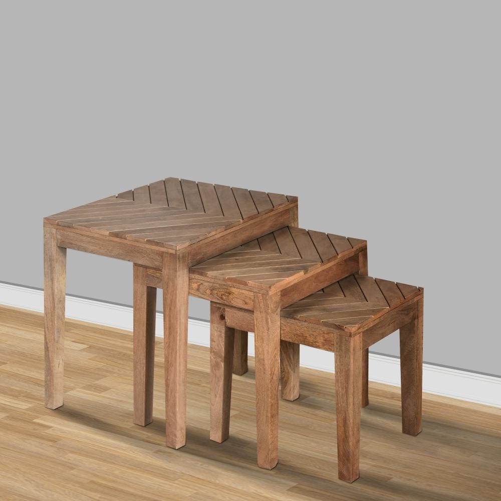 20, 17, 14 Inch 3 Piece Mango Wood Rectangular Nesting Table Set with Inlaid Herringbone Design, Natural Brown - UPT-272539