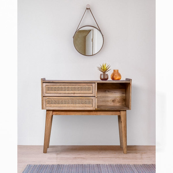 Ryan 35 Inch Cottage Style, 2 Drawer Mango Wood Rectangular Console Table, Cane Rattan Panels, Natural Brown - UPT-272542