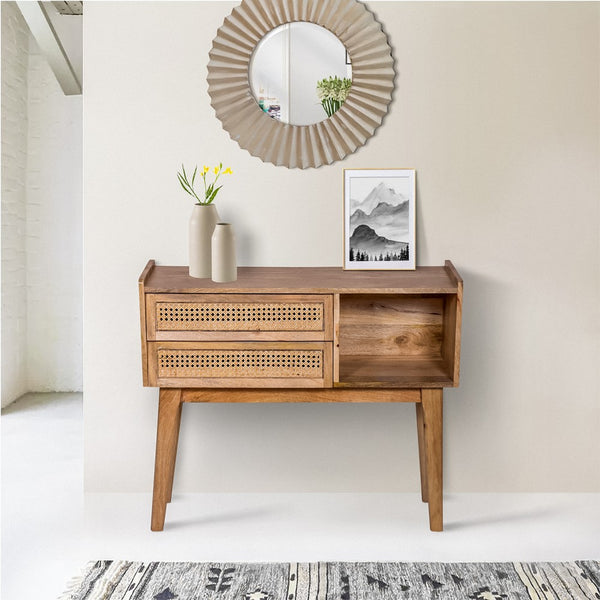 Ryan 35 Inch Cottage Style, 2 Drawer Mango Wood Rectangular Console Table, Cane Rattan Panels, Natural Brown - UPT-272542