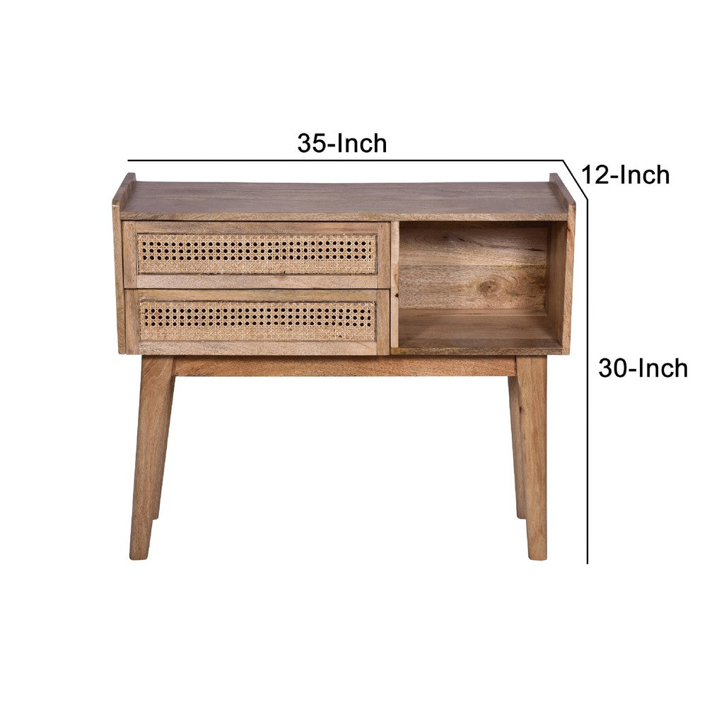 Ryan 35 Inch Cottage Style, 2 Drawer Mango Wood Rectangular Console Table, Cane Rattan Panels, Natural Brown - UPT-272542