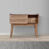 Ryan 35 Inch Cottage Style, 2 Drawer Mango Wood Rectangular Console Table, Cane Rattan Panels, Natural Brown - UPT-272542