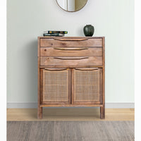 Ryan 40 Inch Cottage Mango Wood Dresser Storage Cabinet, 3 Drawers, Cane Rattan Panels Doors, Natural Brown - UPT-272543