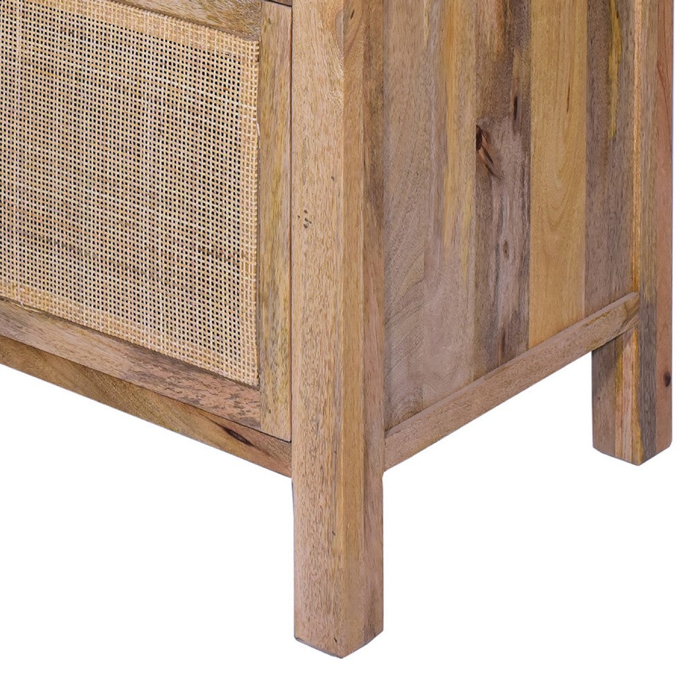 Ryan 31 Inch Cottage Mango Wood Storage Cabinet Table, Cane Rattan Panels, 3 Drawers, Natural Brown - UPT-272544