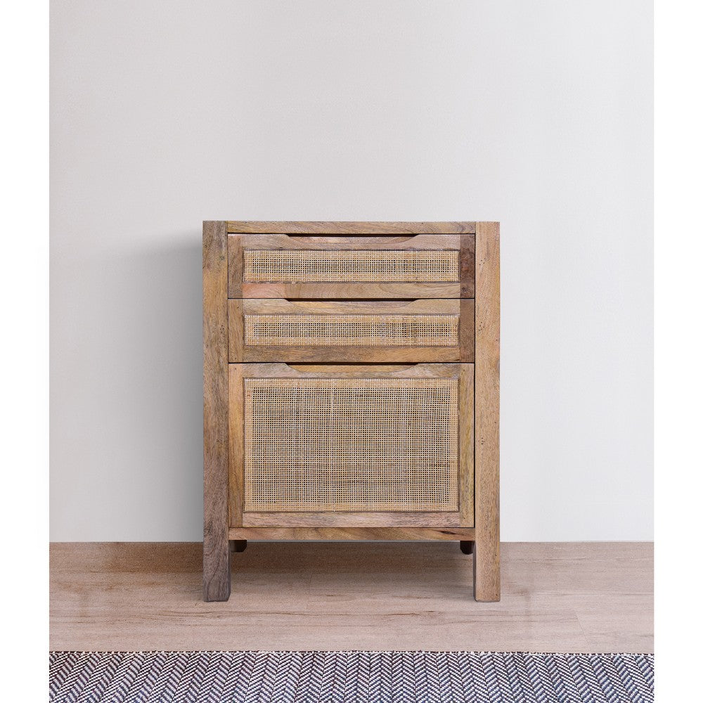 Ryan 31 Inch Cottage Mango Wood Storage Cabinet Table, Cane Rattan Panels, 3 Drawers, Natural Brown - UPT-272544