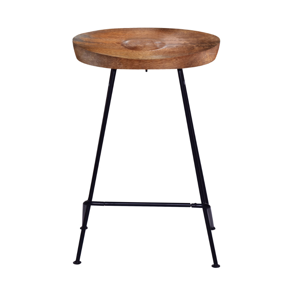 Jael 26 Inch Industrial Counter Height Stool, Contoured Mango Wood Seat, Iron, Cafe Brown, Black - UPT-272545