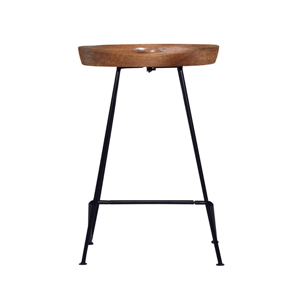 Jael 26 Inch Industrial Counter Height Stool, Contoured Mango Wood Seat, Iron, Cafe Brown, Black - UPT-272545