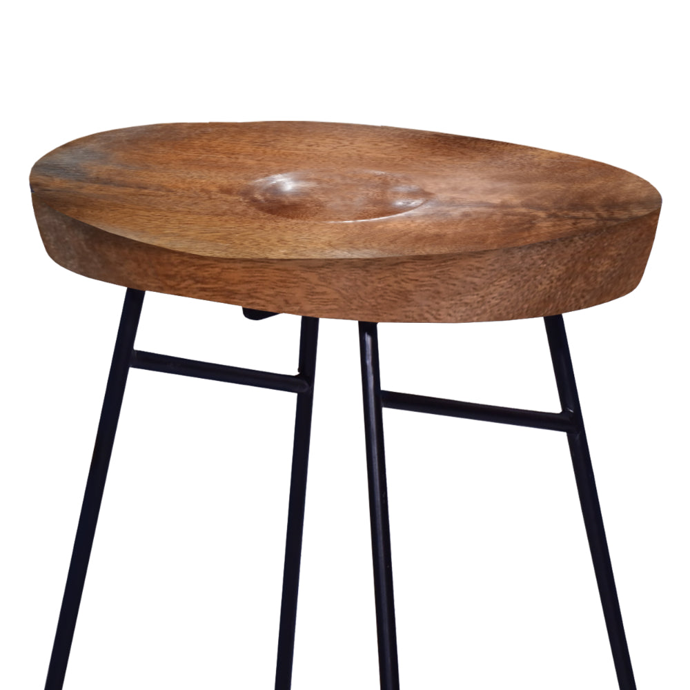 Jael 26 Inch Industrial Counter Height Stool, Contoured Mango Wood Seat, Iron, Cafe Brown, Black - UPT-272545