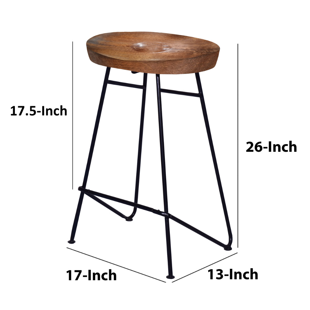 Jael 26 Inch Industrial Counter Height Stool, Contoured Mango Wood Seat, Iron, Cafe Brown, Black - UPT-272545