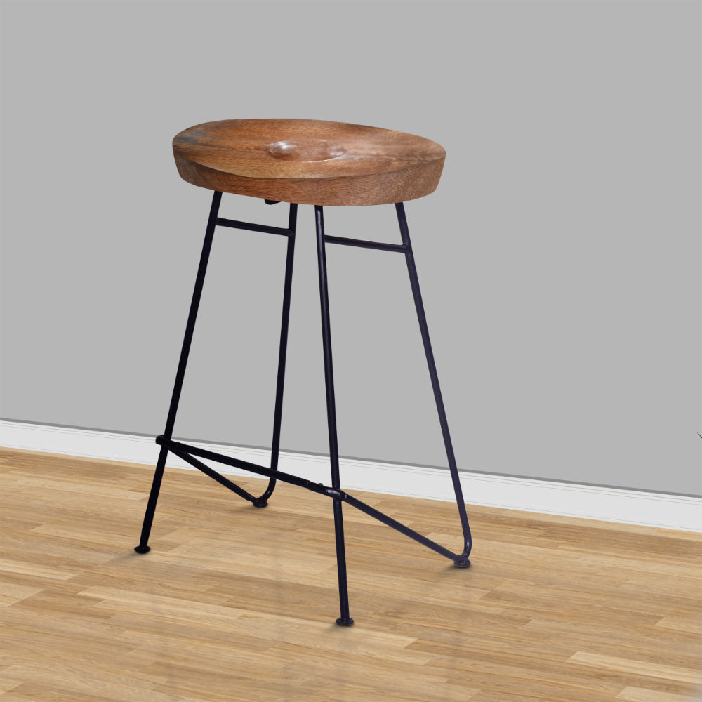 Jael 26 Inch Industrial Counter Height Stool, Contoured Mango Wood Seat, Iron, Cafe Brown, Black - UPT-272545