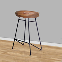 Jael 26 Inch Industrial Counter Height Stool, Contoured Mango Wood Seat, Iron, Cafe Brown, Black - UPT-272545