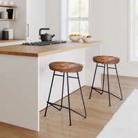 26 Inch Industrial Counter Height Stool, Contoured Mango Wood Seat, Iron, Cafe Brown, Black - UPT-272545