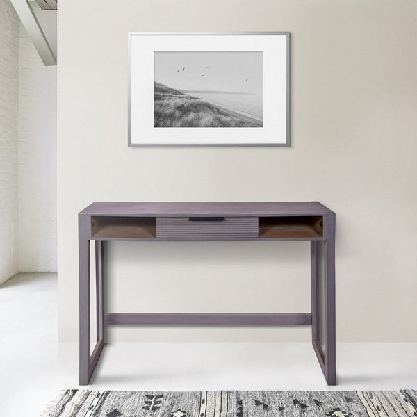 44 Inch Mango Wood Desk Minimalistic Entryway Console Table, Single Drawer, Textured Groove Lines, Gray - UPT-272547