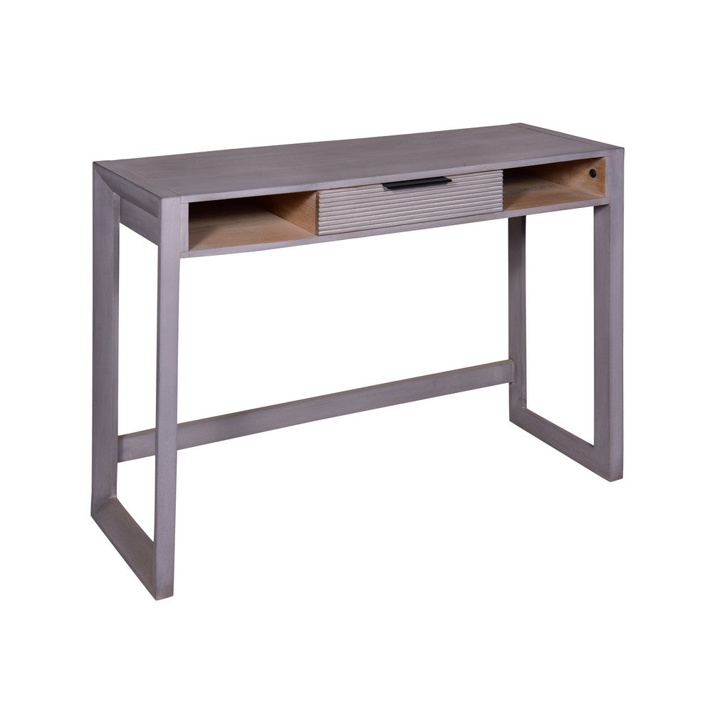 44 Inch Mango Wood Desk Minimalistic Entryway Console Table, Single Drawer, Textured Groove Lines, Gray - UPT-272547