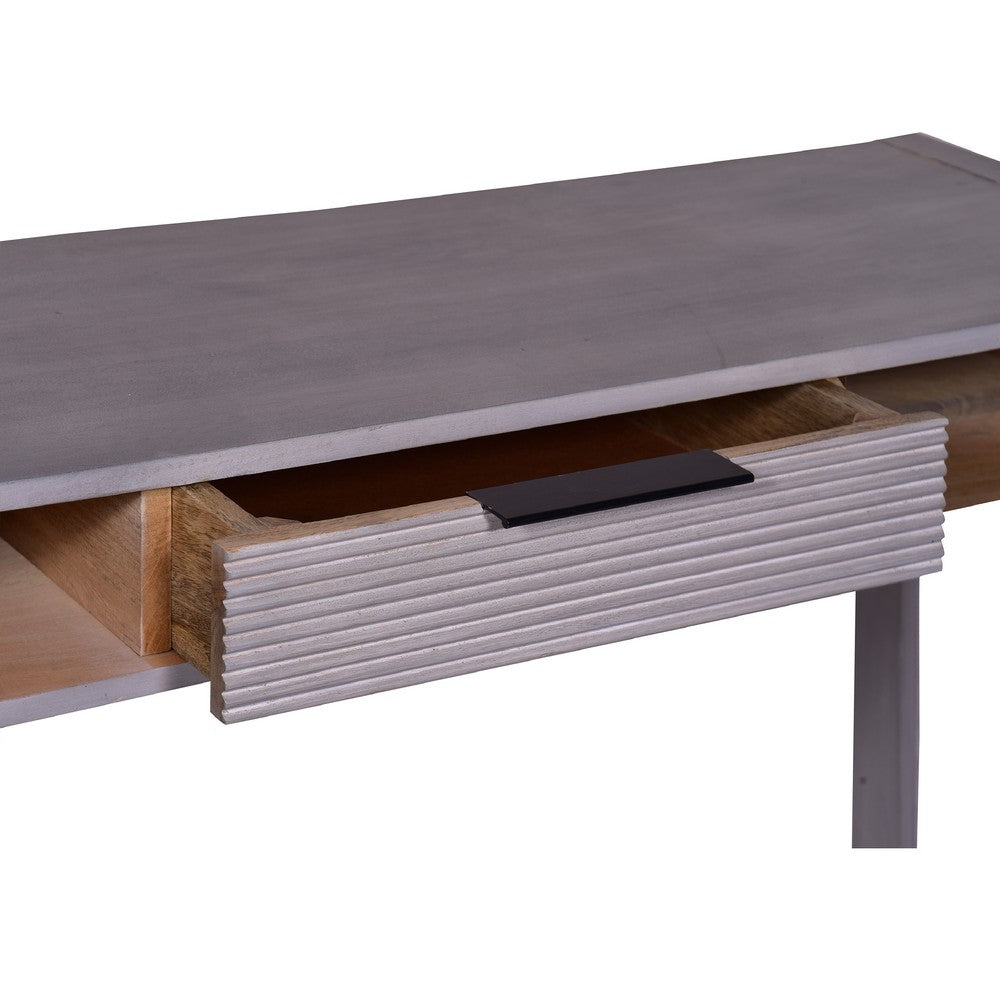 44 Inch Mango Wood Desk Minimalistic Entryway Console Table, Single Drawer, Textured Groove Lines, Gray - UPT-272547