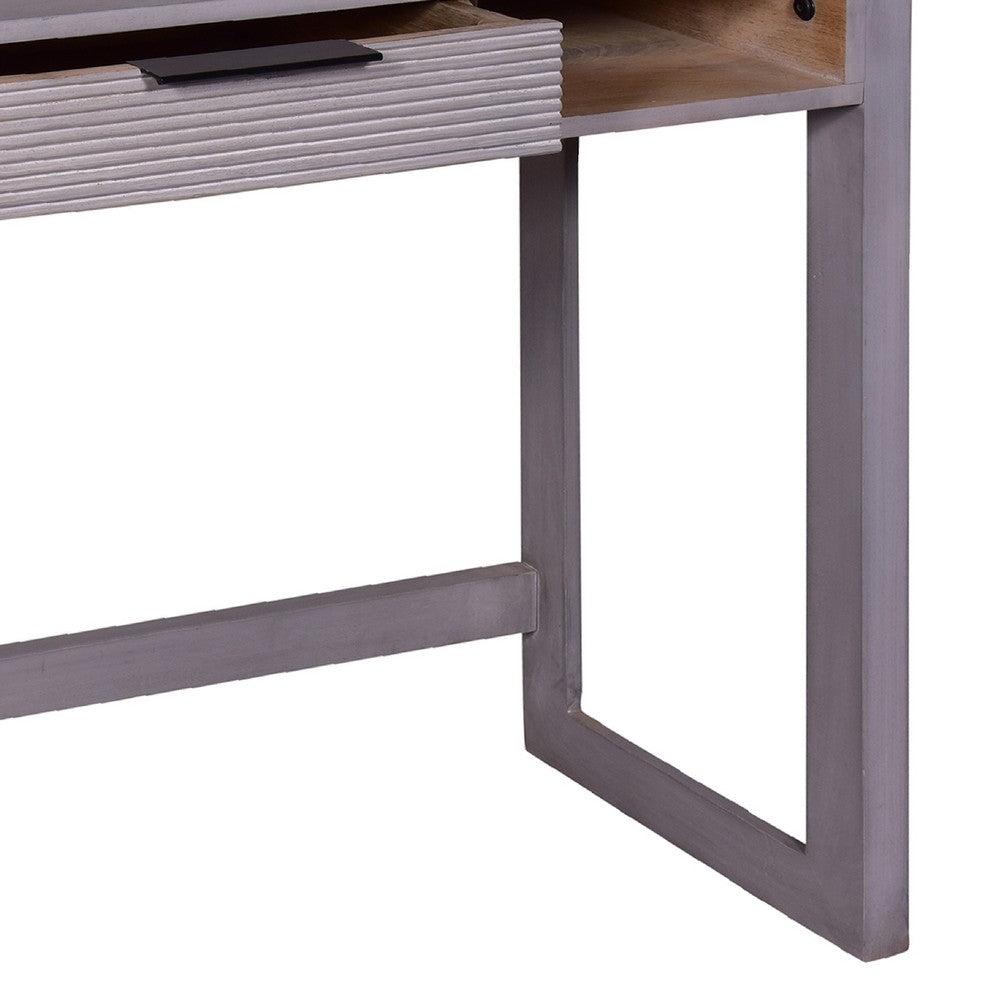 44 Inch Mango Wood Desk Minimalistic Entryway Console Table, Single Drawer, Textured Groove Lines, Gray - UPT-272547