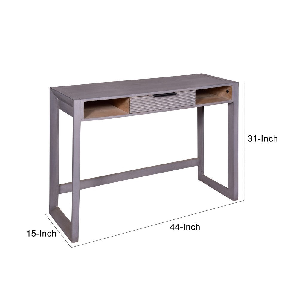 44 Inch Mango Wood Desk Minimalistic Entryway Console Table, Single Drawer, Textured Groove Lines, Gray - UPT-272547