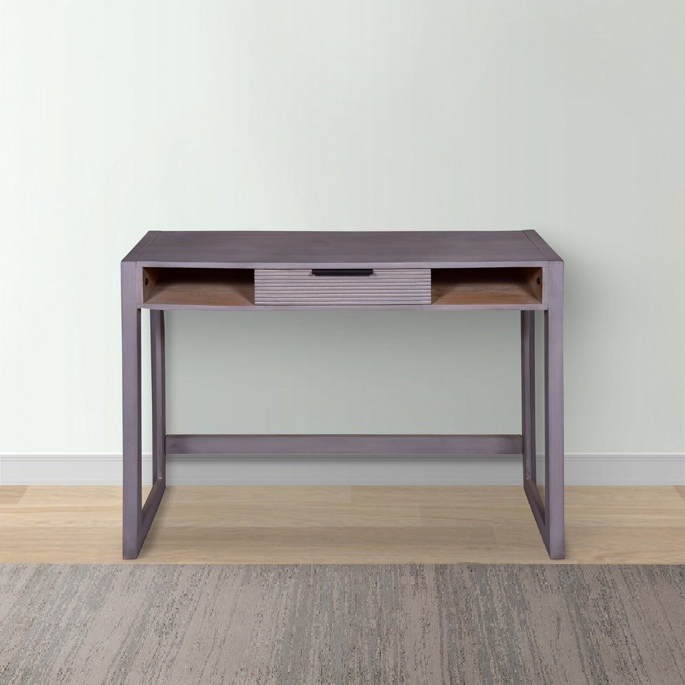 44 Inch Mango Wood Desk Minimalistic Entryway Console Table, Single Drawer, Textured Groove Lines, Gray - UPT-272547