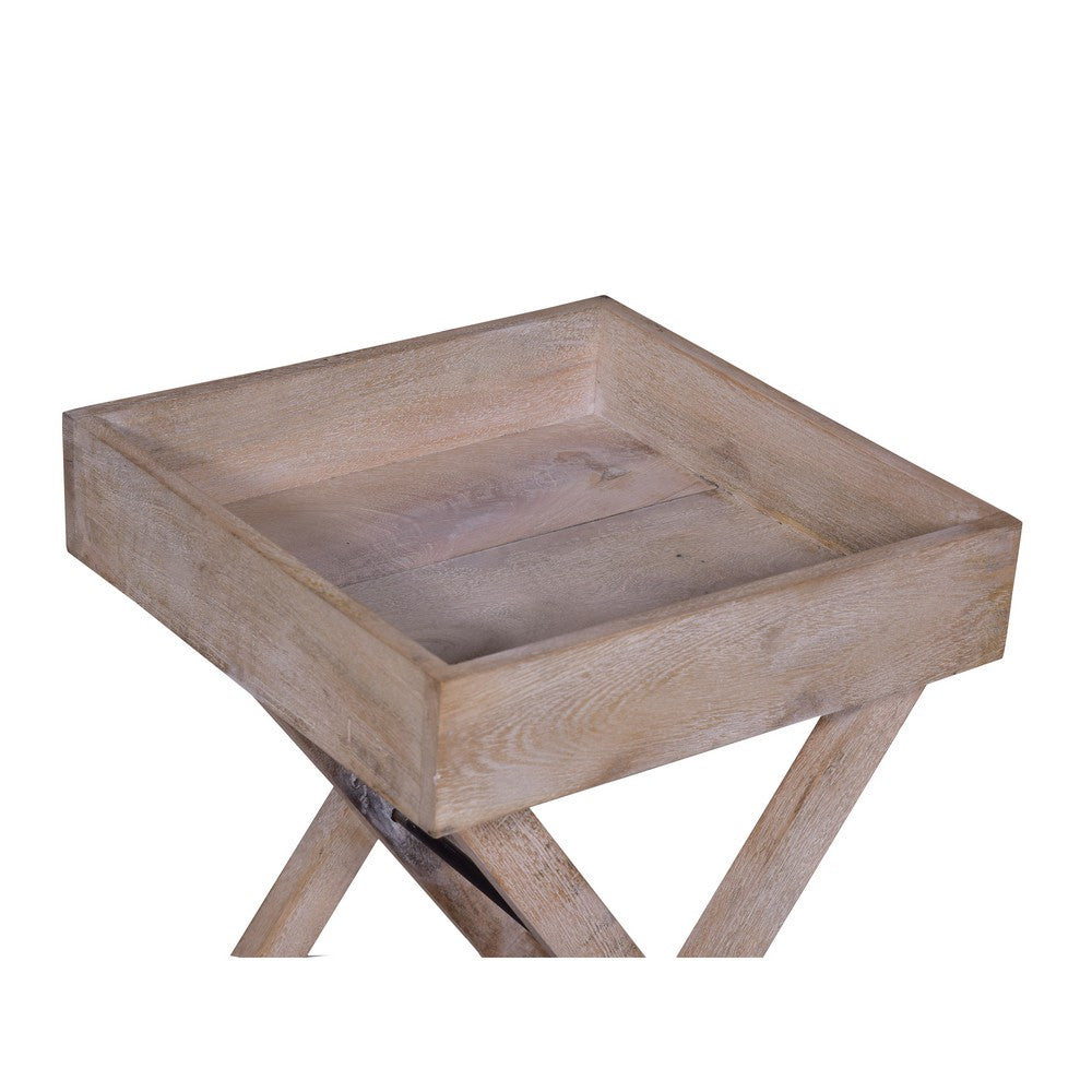 22 Inch Farmhouse Square Tray Top End Table, Mango Wood, X Shape Foldable Frame, Washed White - UPT-272549
