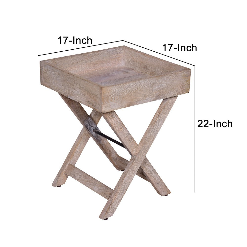 22 Inch Farmhouse Square Tray Top End Table, Mango Wood, X Shape Foldable Frame, Washed White - UPT-272549