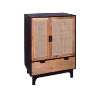 42 Inch Mango Wood Armoire Storage Cabinet, 2 Cane Rattan Woven Doors, 1 Drawer, Brown, Black - UPT-272551