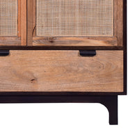 42 Inch Mango Wood Armoire Storage Cabinet, 2 Cane Rattan Woven Doors, 1 Drawer, Brown, Black - UPT-272551