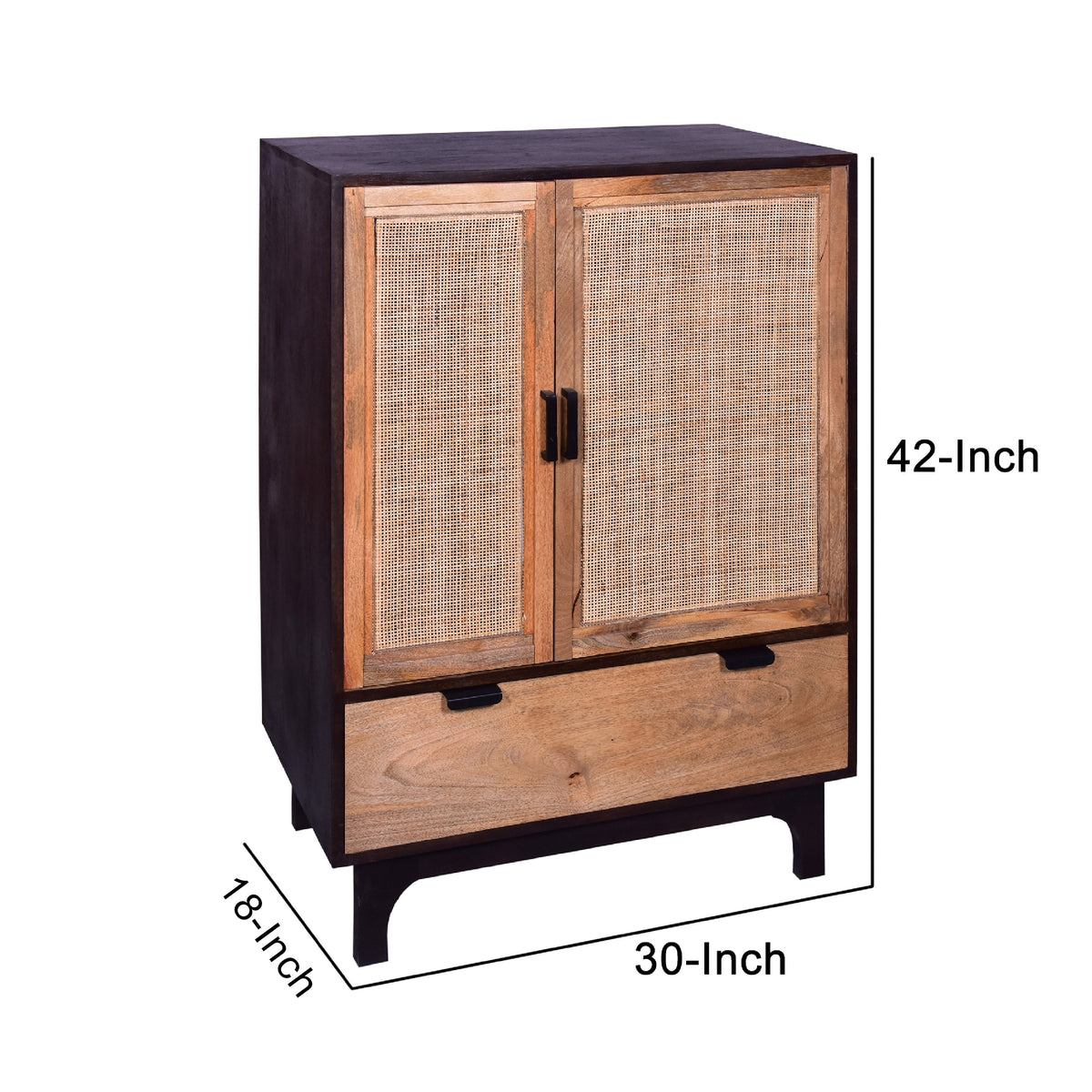 42 Inch Mango Wood Armoire Storage Cabinet, 2 Cane Rattan Woven Doors, 1 Drawer, Brown, Black - UPT-272551