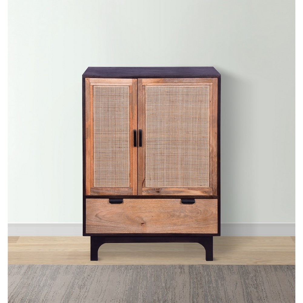 42 Inch Mango Wood Armoire Storage Cabinet, 2 Cane Rattan Woven Doors, 1 Drawer, Brown, Black - UPT-272551