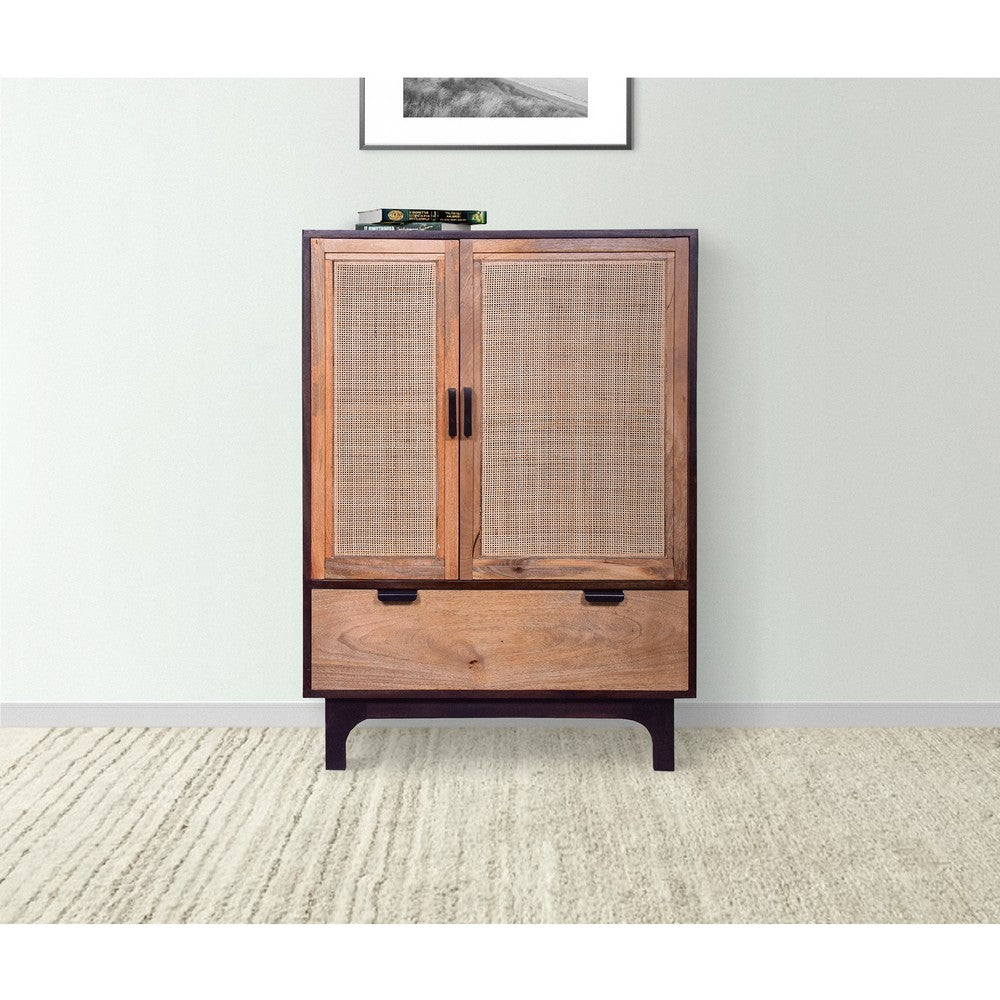 42 Inch Mango Wood Armoire Storage Cabinet, 2 Cane Rattan Woven Doors, 1 Drawer, Brown, Black - UPT-272551