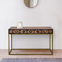 51 Inch 3 Drawer Mango Wood Console Table, Diamond Textured Panels, Metal Frame, Brown - UPT-272552