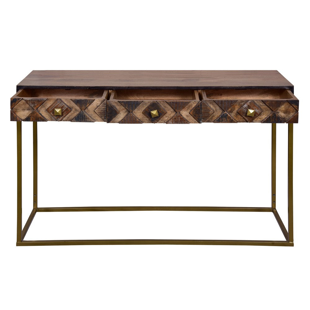 51 Inch 3 Drawer Mango Wood Console Table, Diamond Textured Panels, Metal Frame, Brown - UPT-272552