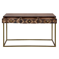 51 Inch 3 Drawer Mango Wood Console Table, Diamond Textured Panels, Metal Frame, Brown - UPT-272552