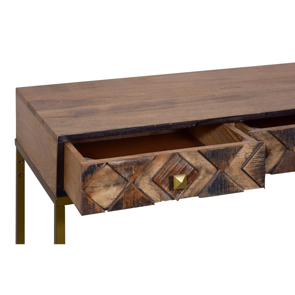 51 Inch 3 Drawer Mango Wood Console Table, Diamond Textured Panels, Metal Frame, Brown - UPT-272552