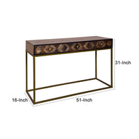 51 Inch 3 Drawer Mango Wood Console Table, Diamond Textured Panels, Metal Frame, Brown - UPT-272552