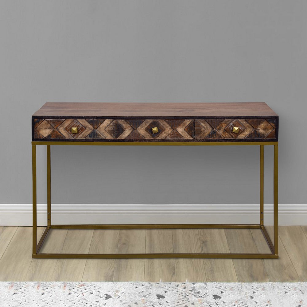 51 Inch 3 Drawer Mango Wood Console Table, Diamond Textured Panels, Metal Frame, Brown - UPT-272552