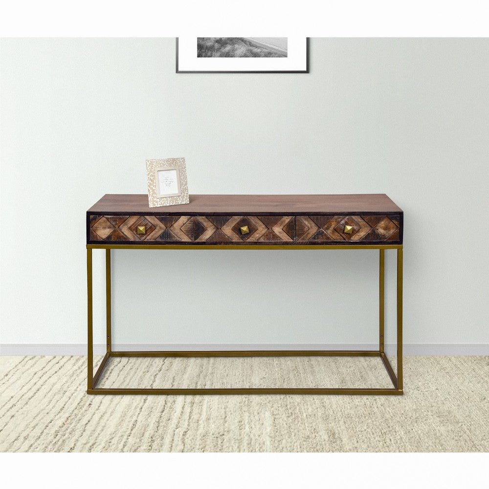 51 Inch 3 Drawer Mango Wood Console Table, Diamond Textured Panels, Metal Frame, Brown - UPT-272552