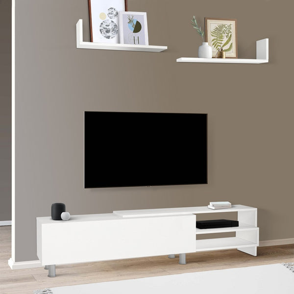 72 Inch Wood TV Console Entertainment Media Center with Storage 3 Piece Set, 2 Floating Wall Shelves, White - UPT-272745