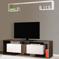 71 Inch Wooden TV Console Entertainment Media Center, 2 Piece Set, Wall Mounted Floating Shelf, White, Brown - UPT-272746