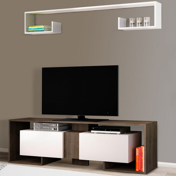 71 Inch Wooden TV Console Entertainment Media Center, 2 Piece Set, Wall Mounted Floating Shelf, White, Brown - UPT-272746