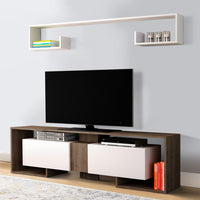 71 Inch Wooden TV Console Entertainment Media Center, 2 Piece Set, Wall Mounted Floating Shelf, White, Brown- UPT-272746