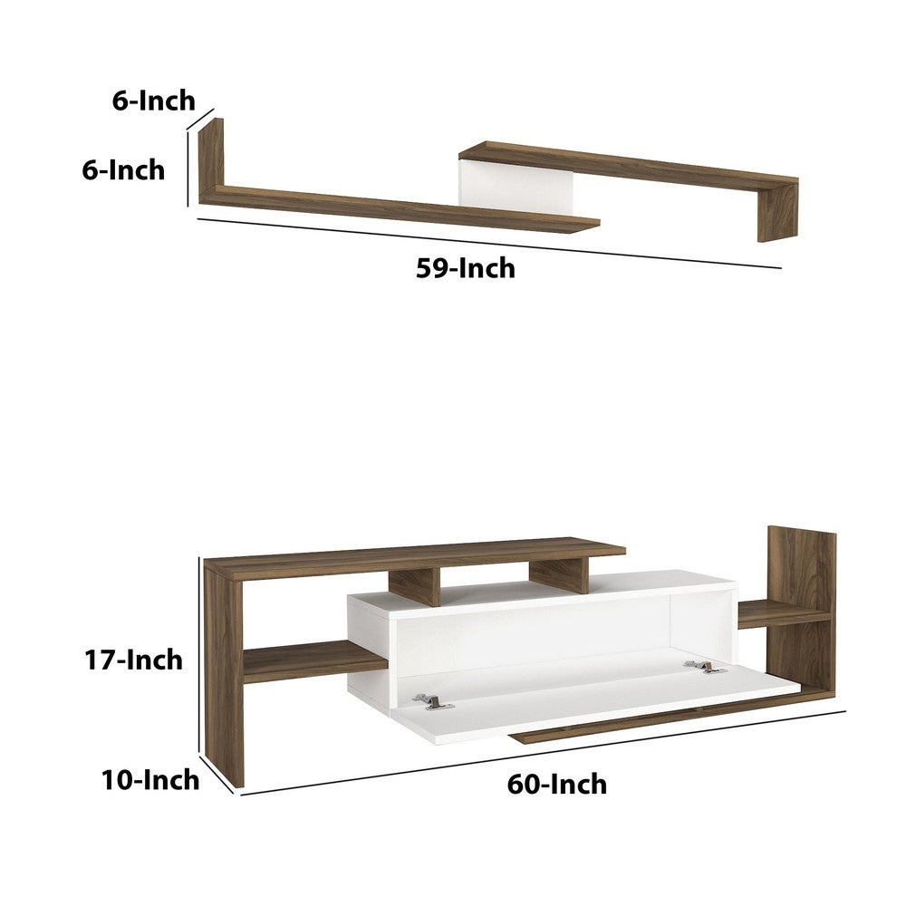 Seth 60 Inch Modern Wooden TV Console Entertainment Center with Floating Wall Shelf, 2 Piece Set, White and Brown - UPT-272748