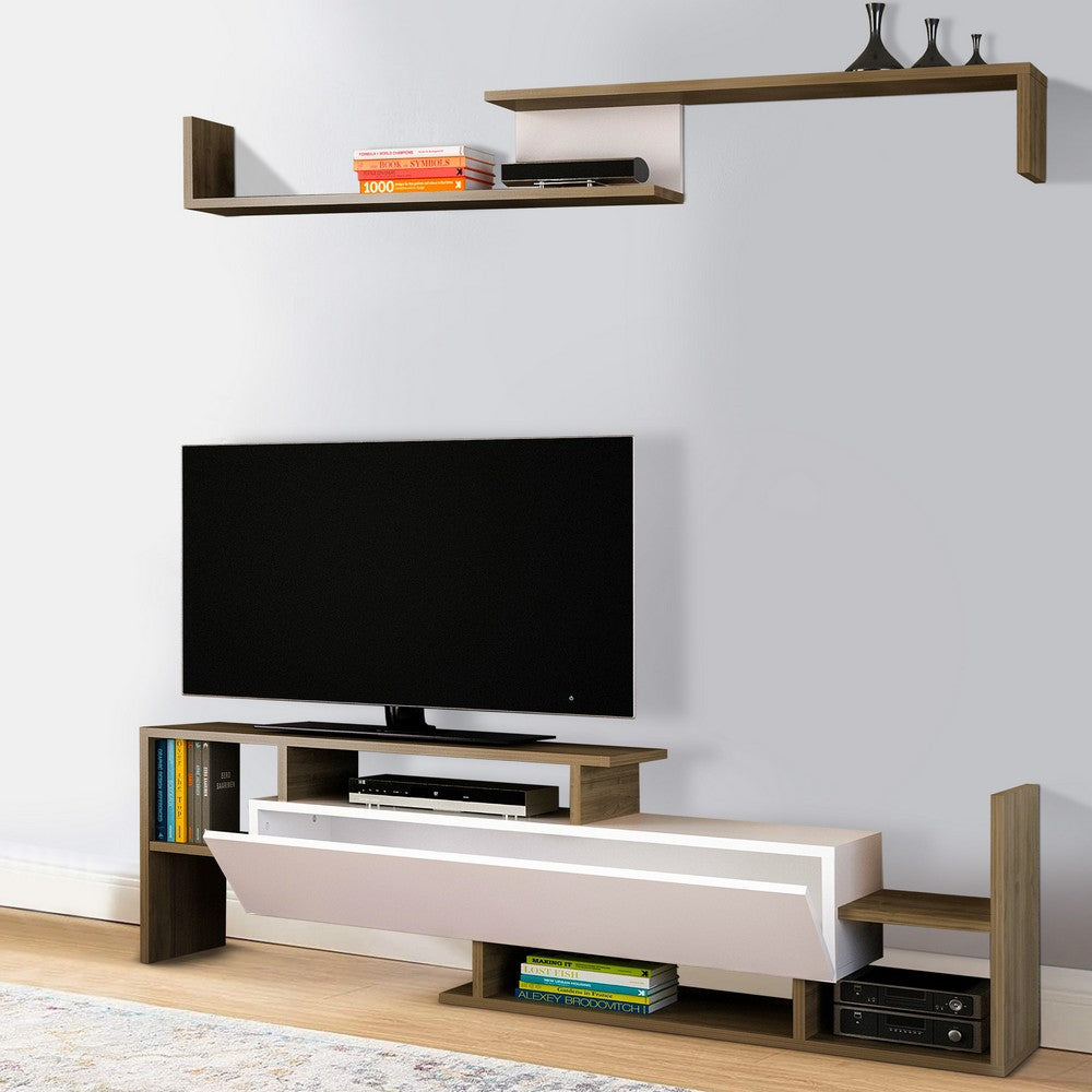 Seth 60 Inch Modern Wooden TV Console Entertainment Center with Floating Wall Shelf, 2 Piece Set, White and Brown - UPT-272748